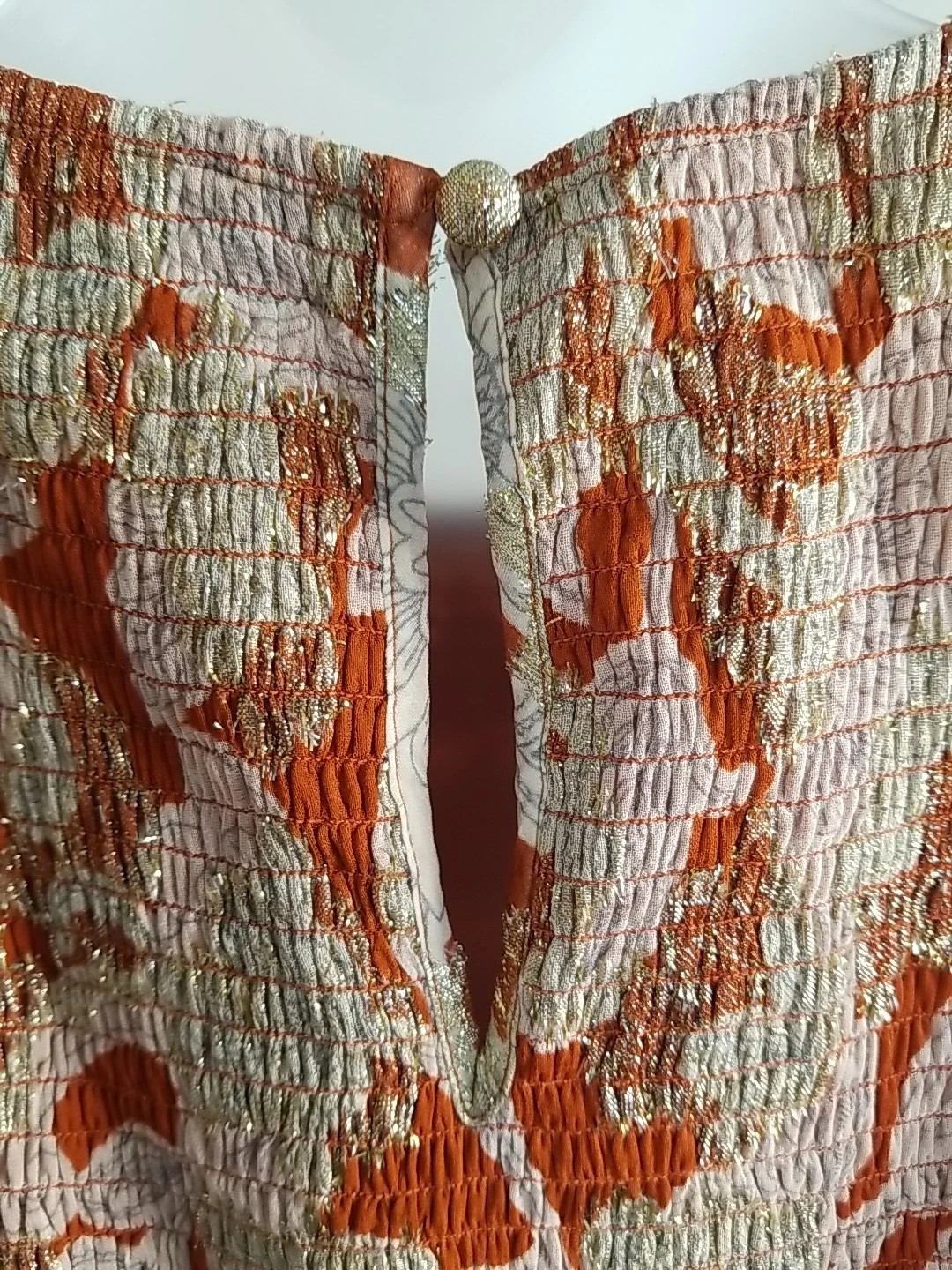 Boden Smocked Jacquard Maxi Dress Rust Copper Paisley Gold Metallic US 8 EUC