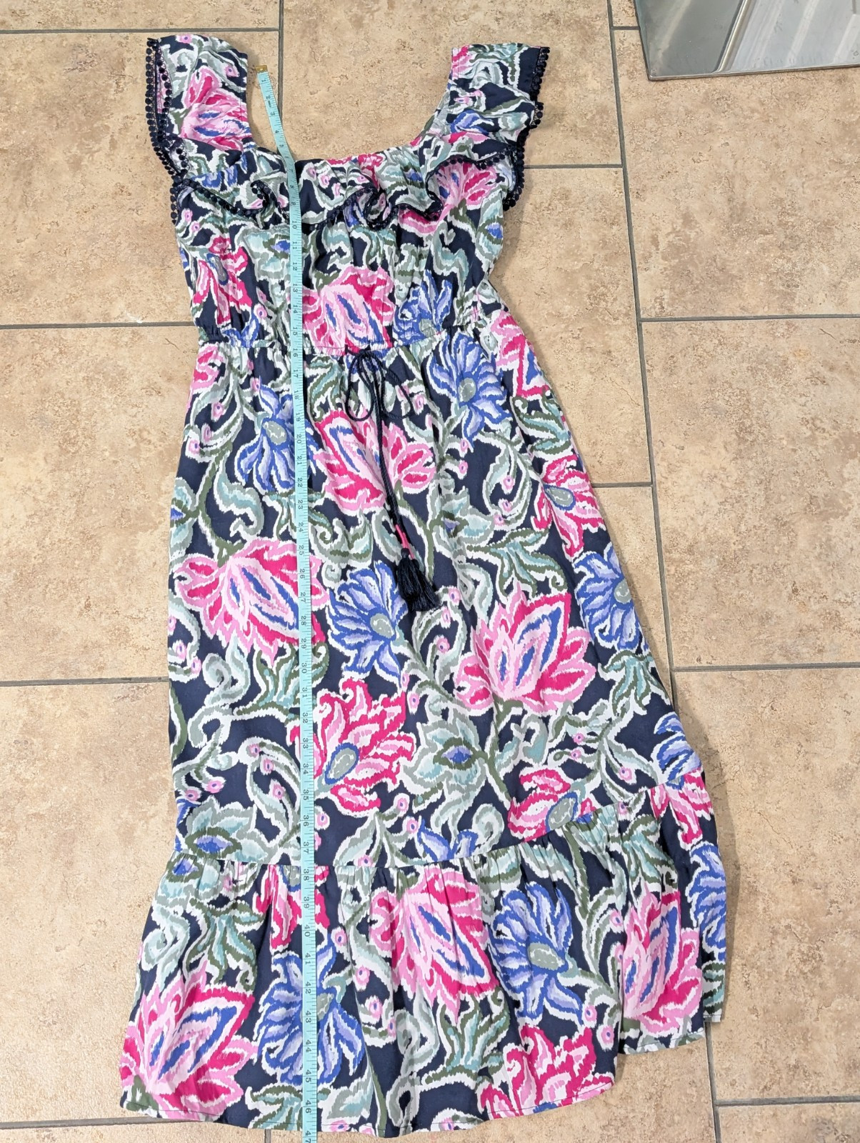 LOFT Floral Ruffle Square Neck Midi Dress women’s size S Pom Pom Resort Wear