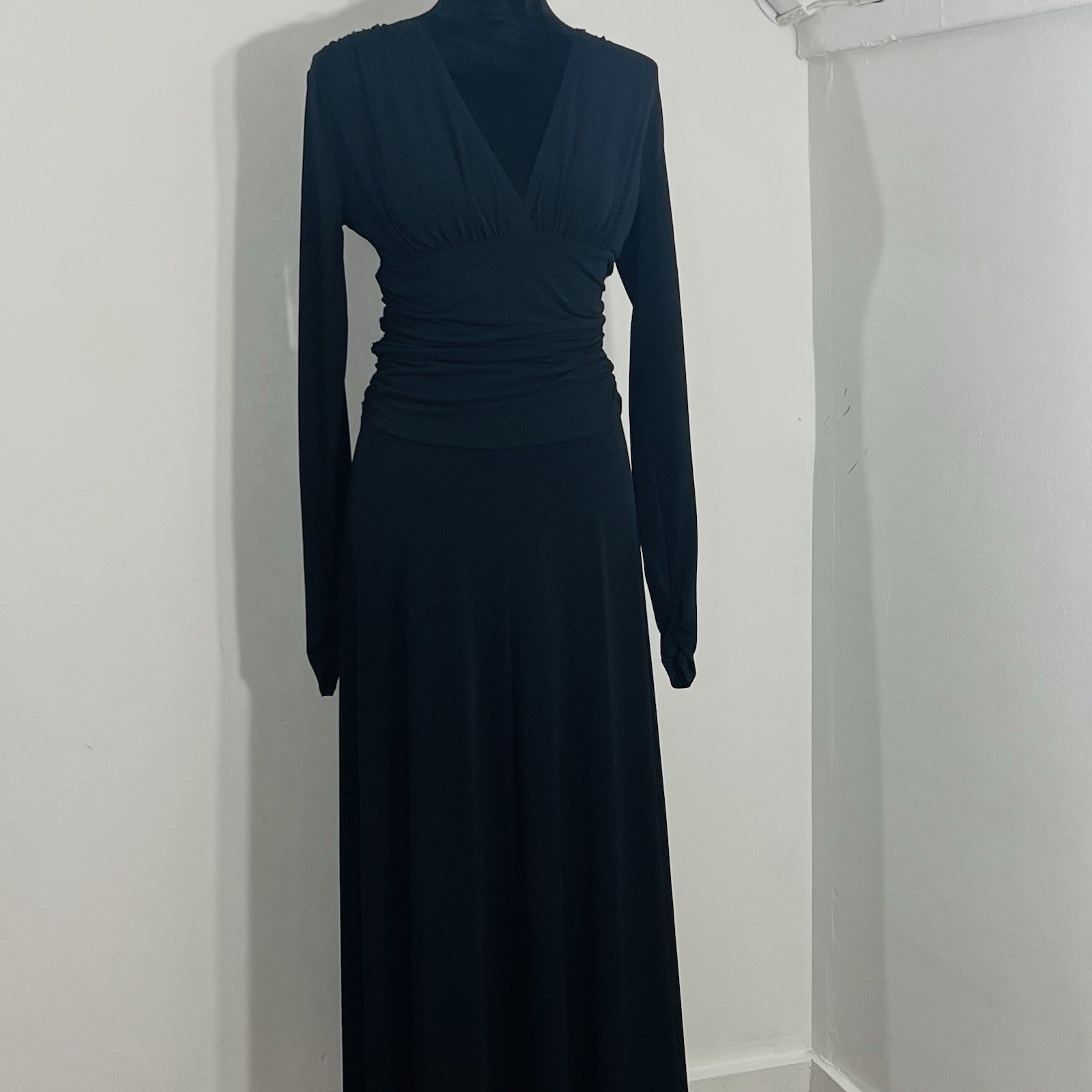 Shape FX V Neck Long Sleeve Ruched Maxi Slimming Body Hugging Sleek Silhouette
