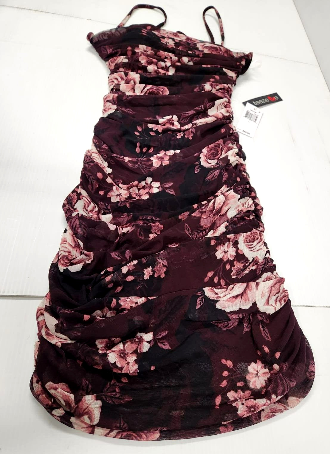 Teeze Me Red Slim Floral Bandeau Dress Wine Ivory Spaghetti Strap ~ Size Large