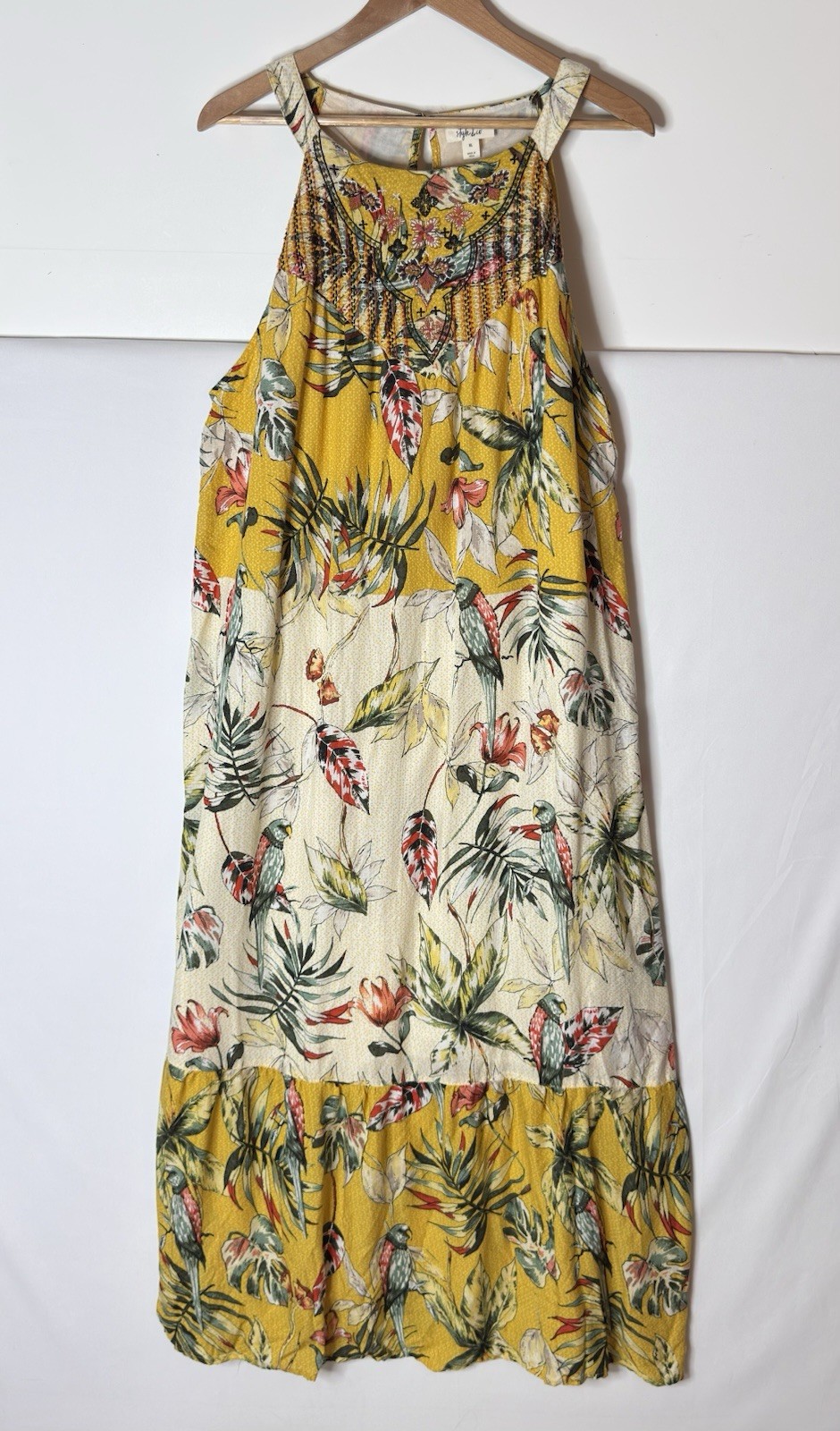 Floral Bird Print Maxi Dress XL Yellow Tiered Embroidered Boho Cottage Beach