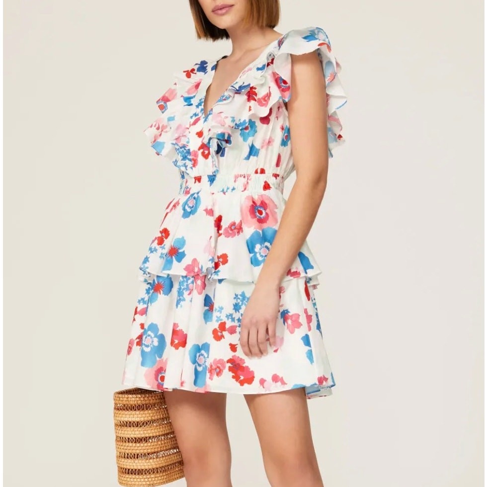 Peter Som Red White Blue Mini Dress SIZE 8 Cotton Ruffle Cottage Designer $355