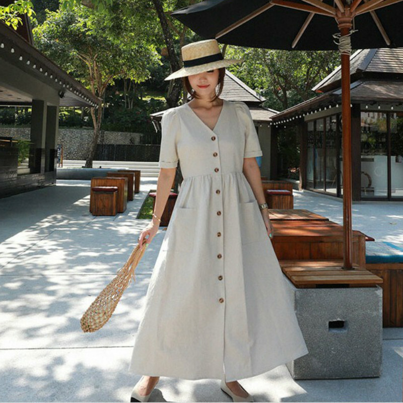 Womens Cotton Blend Dress V-neck Long Belt Button Loose Casual Fairy Apricot New
