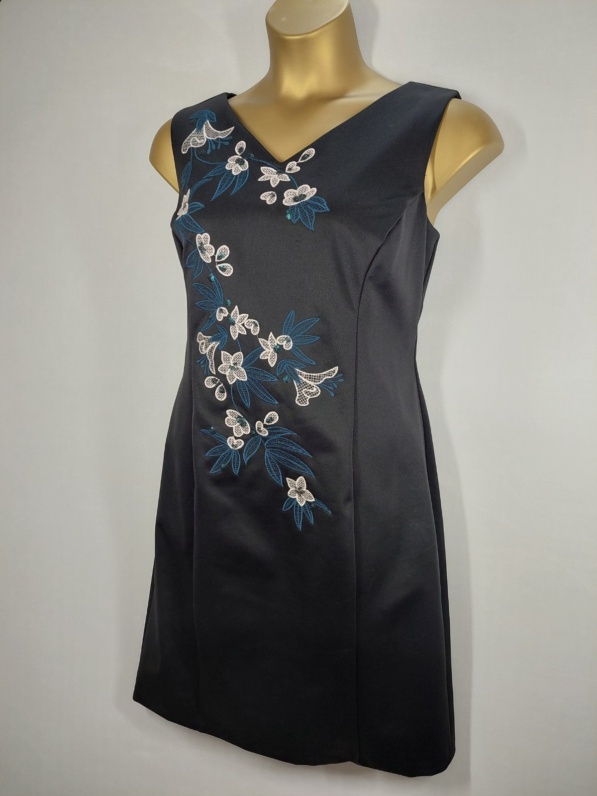 Precis Petite Black Embroidered Shift Dress UK 18 Floral Sequin Occasion Dress