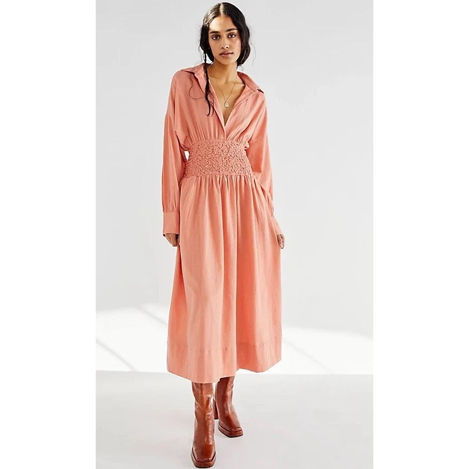 Free People Endless Summer Monika Peach Ruched Shirt Dress Smocked Waist XS Midi
