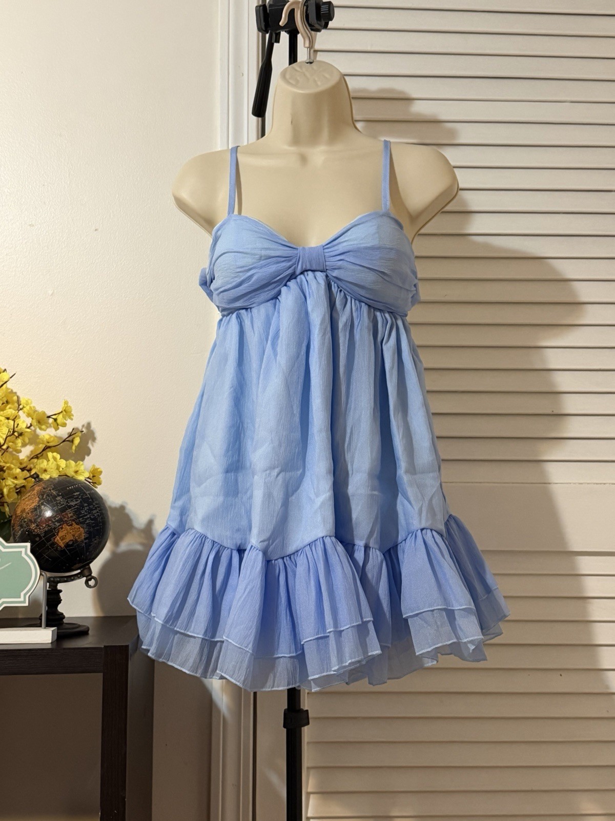 Women’s Blue Solid Sweetheart Strappy Sleeveless Ruffle Tiered Sundress