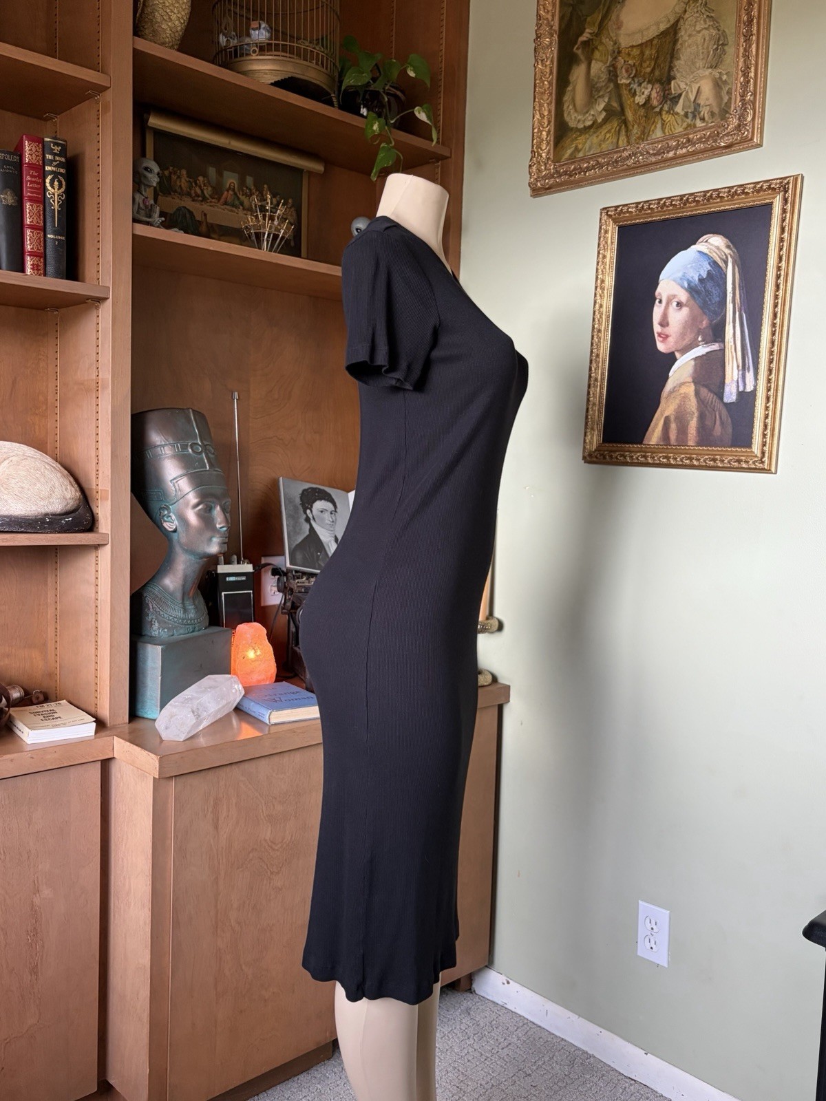 H & M Black Short-Sleeve Soft Rib Knit Midi Dress Size XS Dark Romantic Bodycon