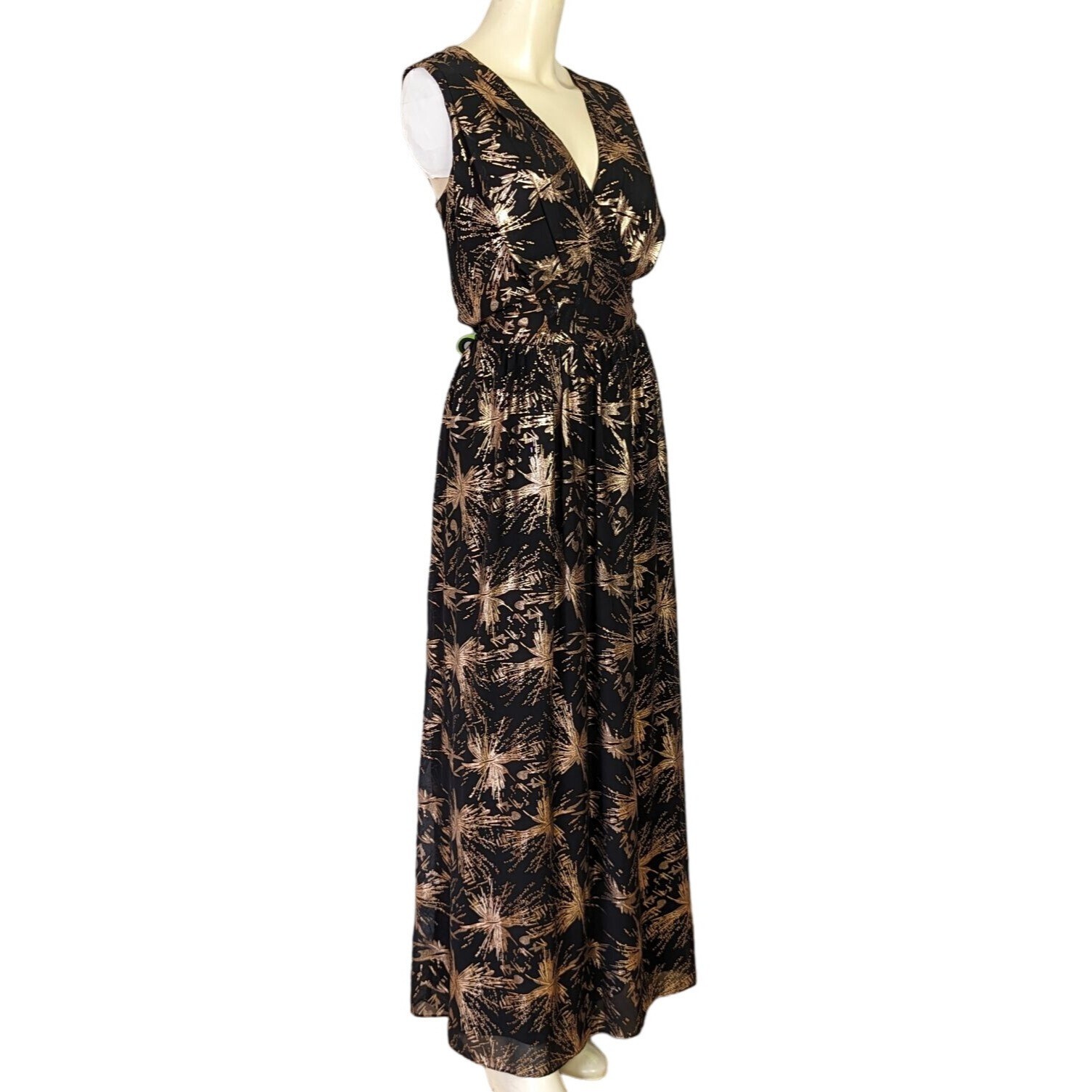 MAIA sleeveless V neck black and rose gold abstract splash print Maxi dress 10