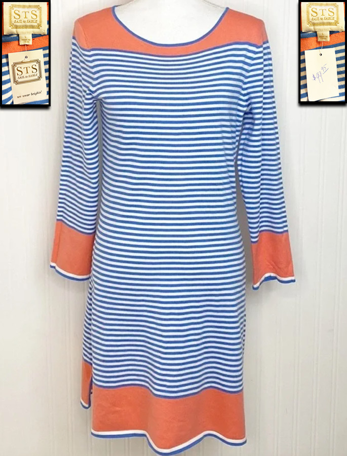 NWT! SAIL TO SABLE BLUE WHITE CORAL NAUTICAL STRIPED COTTON KNIT BLEND DRESS L !