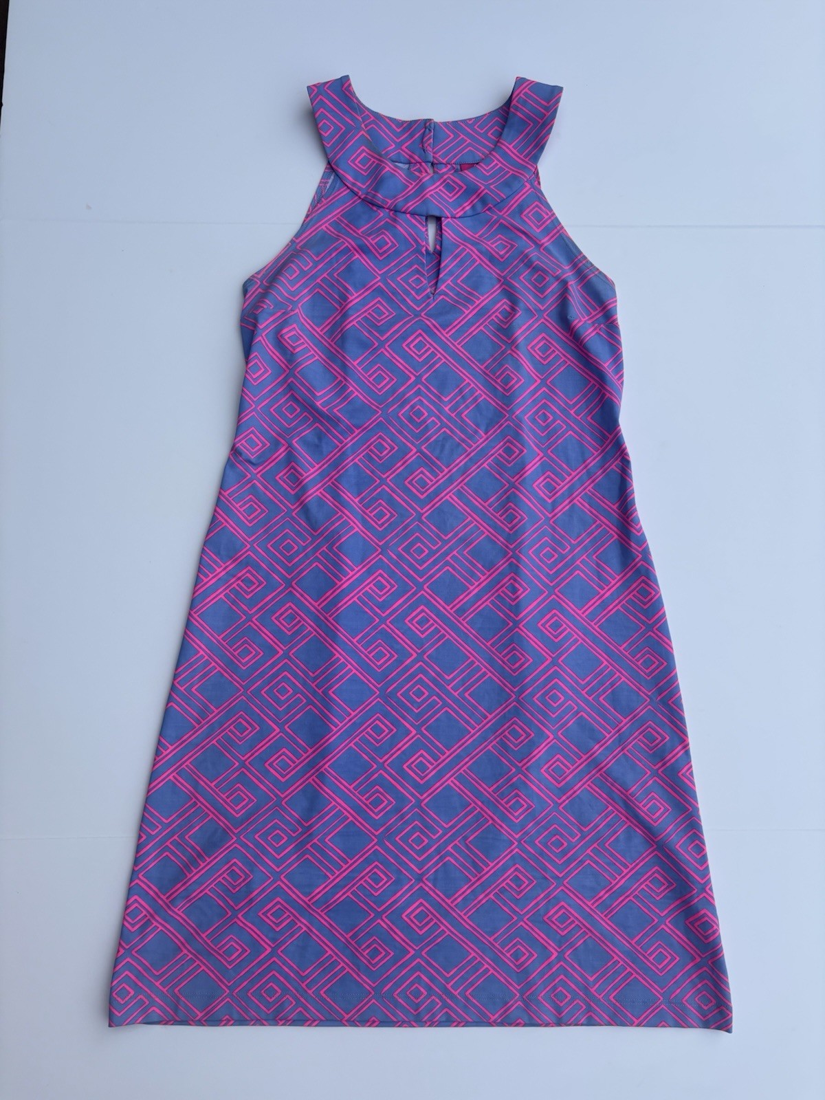 Britt Ryan Size M Pink Blue Bright Sleeveless Sheath Keyhole Geometric Pattern