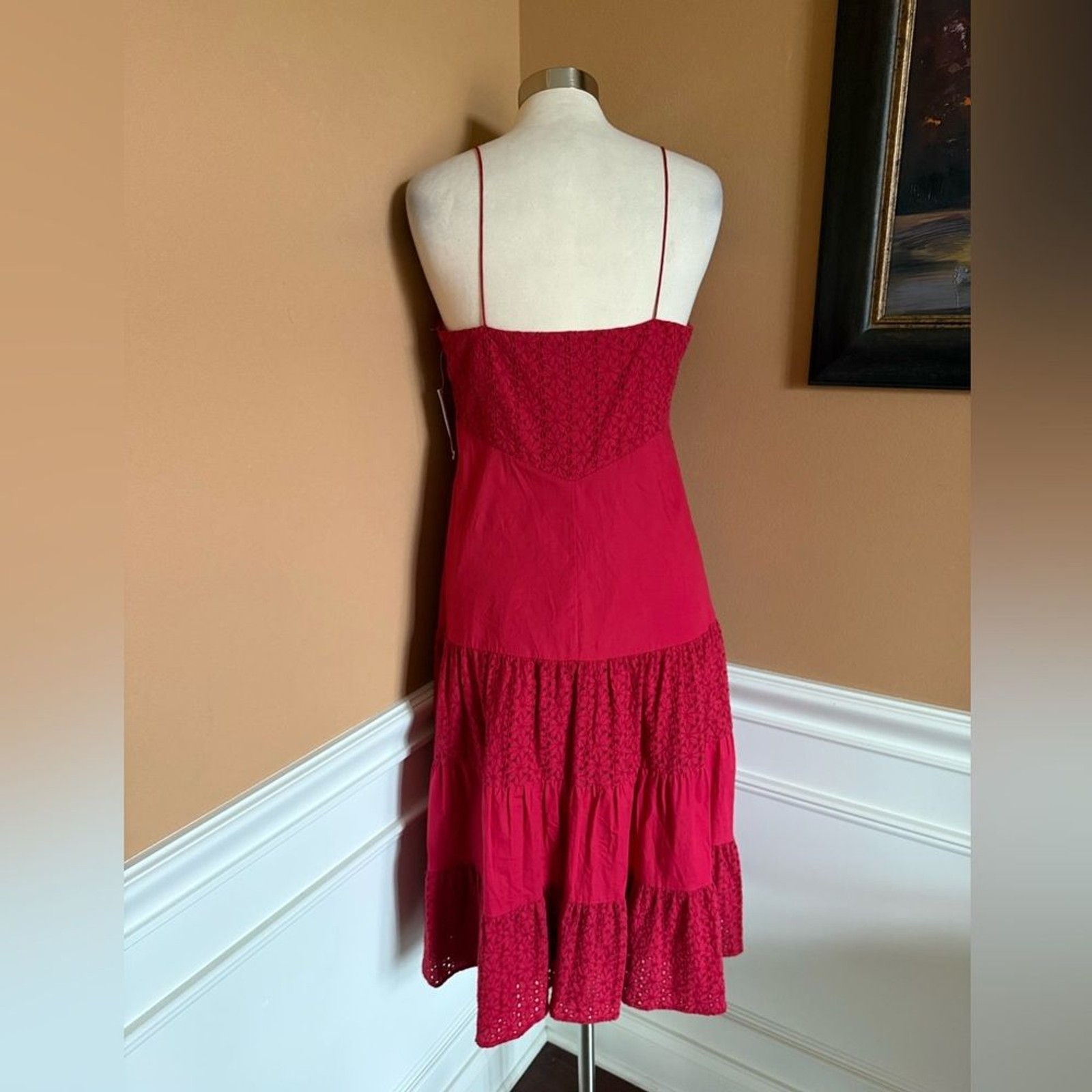 Michael Kors Cotton Spaghetti Strap Eyelet Ruffle Midi Dress Red Size 10 NWT