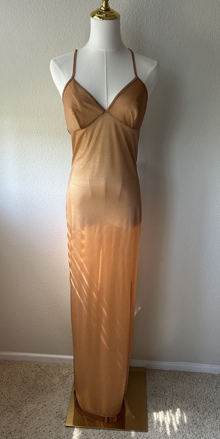 Savage X Fenty Gold Satin Slip Maxi Dress L NWT Crisscross Adjustable Straps