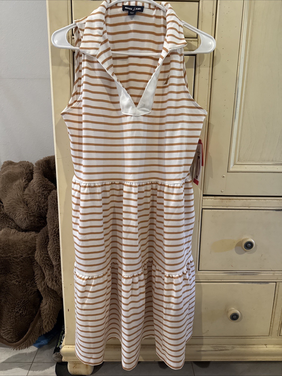 Nautica Jeans Women’s Tiered Collar Sleeveless Mini Dress, Almond/Ivory, Size M
