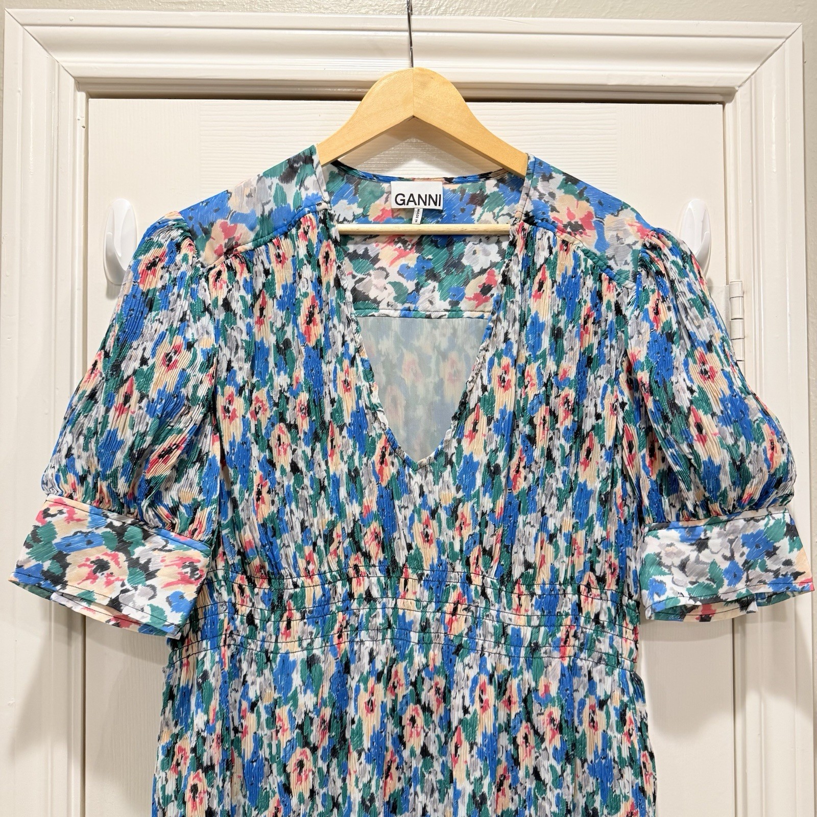 Ganni Midi Dress Georgette Pleated Floral Azul Blue Puff Sleeve Size 40/L Spring