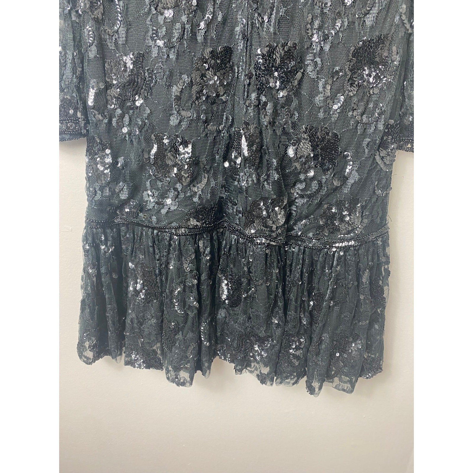 VINTAGE JUDITH ANN DRESS M BLACK SEQUIN BEADED TIERED RUFFLE SHEER MESH LACE