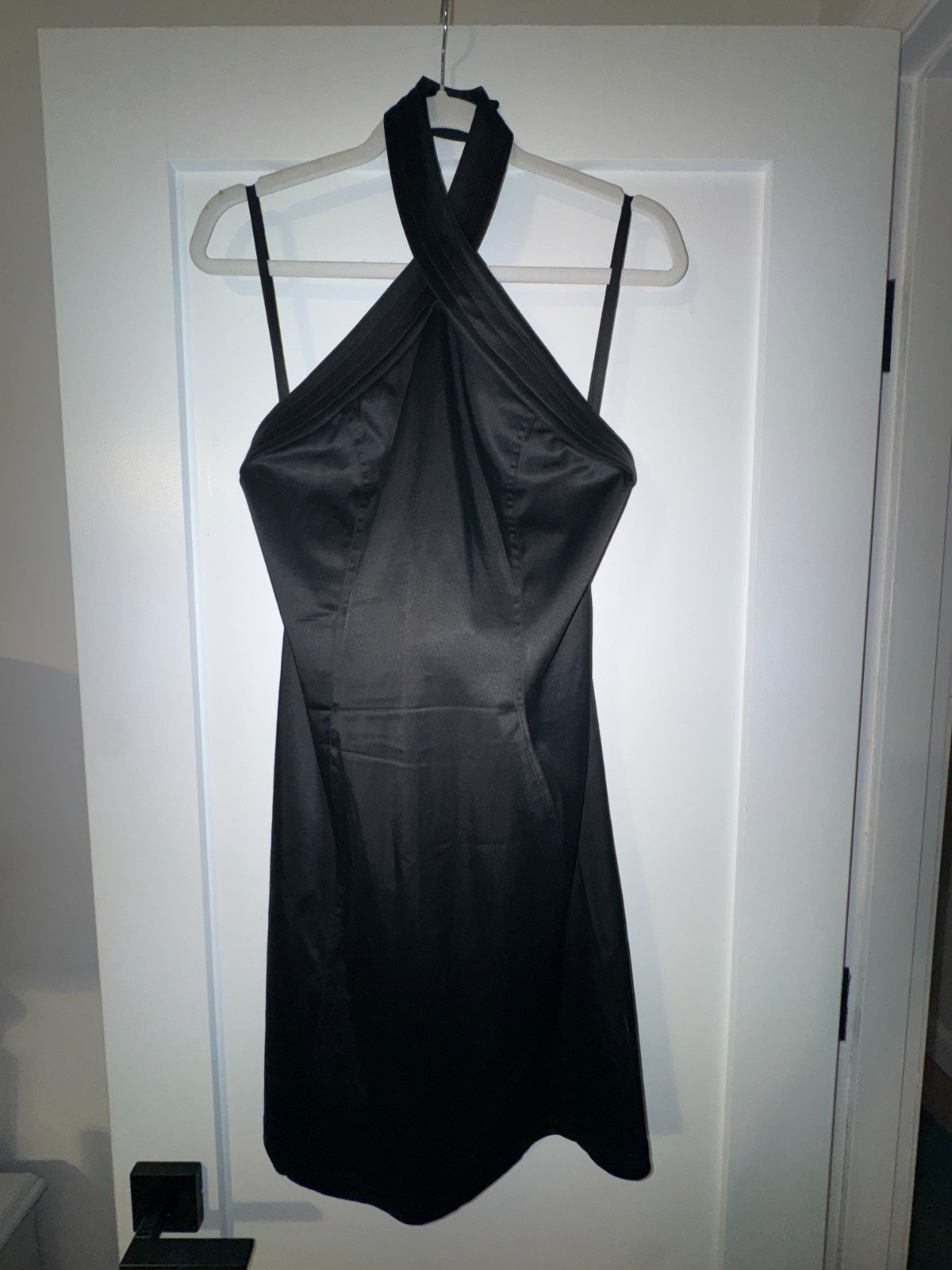 Mugler Trademark Black Halter Dress FR 42 Acetate Blend Snap Neck Bodycon Sheath