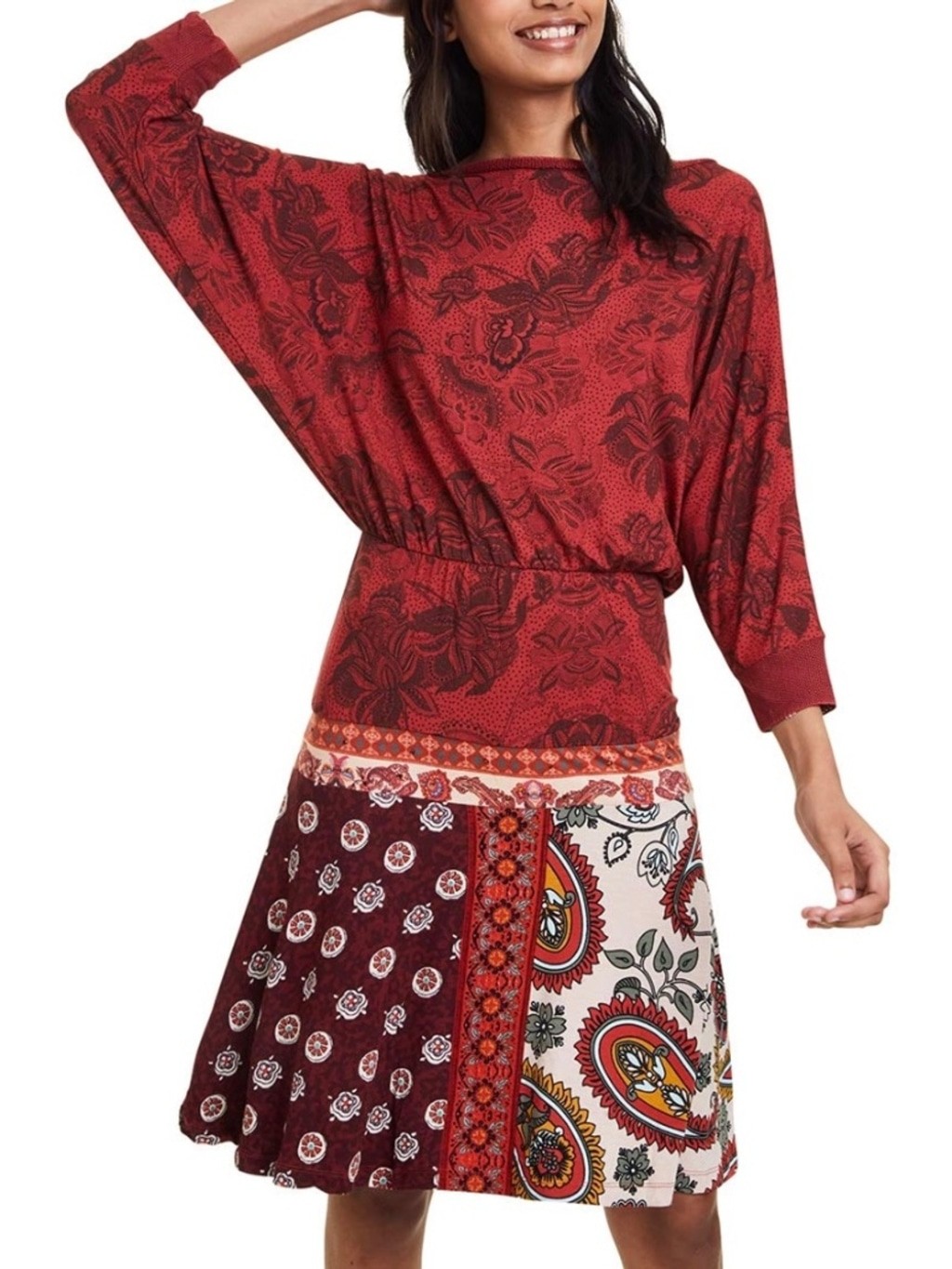 DESIGUAL Indira Red Floral Paisley Mini Dress Casual Summer, Sz L