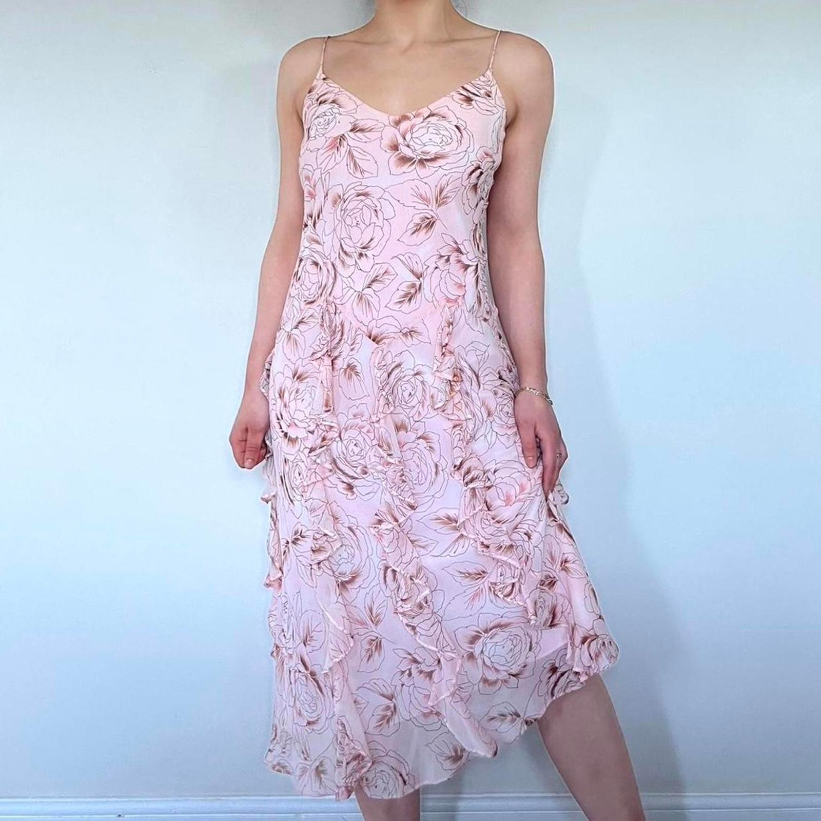 Vintage fairy pink floral pure silk floaty beaded midi slip beaded ruffle dress