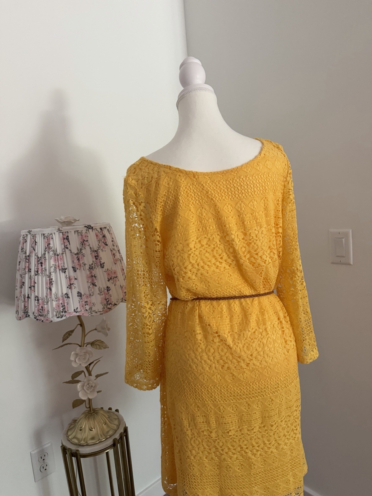 Yellow Solid Lace Shift Knee Length Dress Boat Neck 3/4 Sleeve Belt One Size