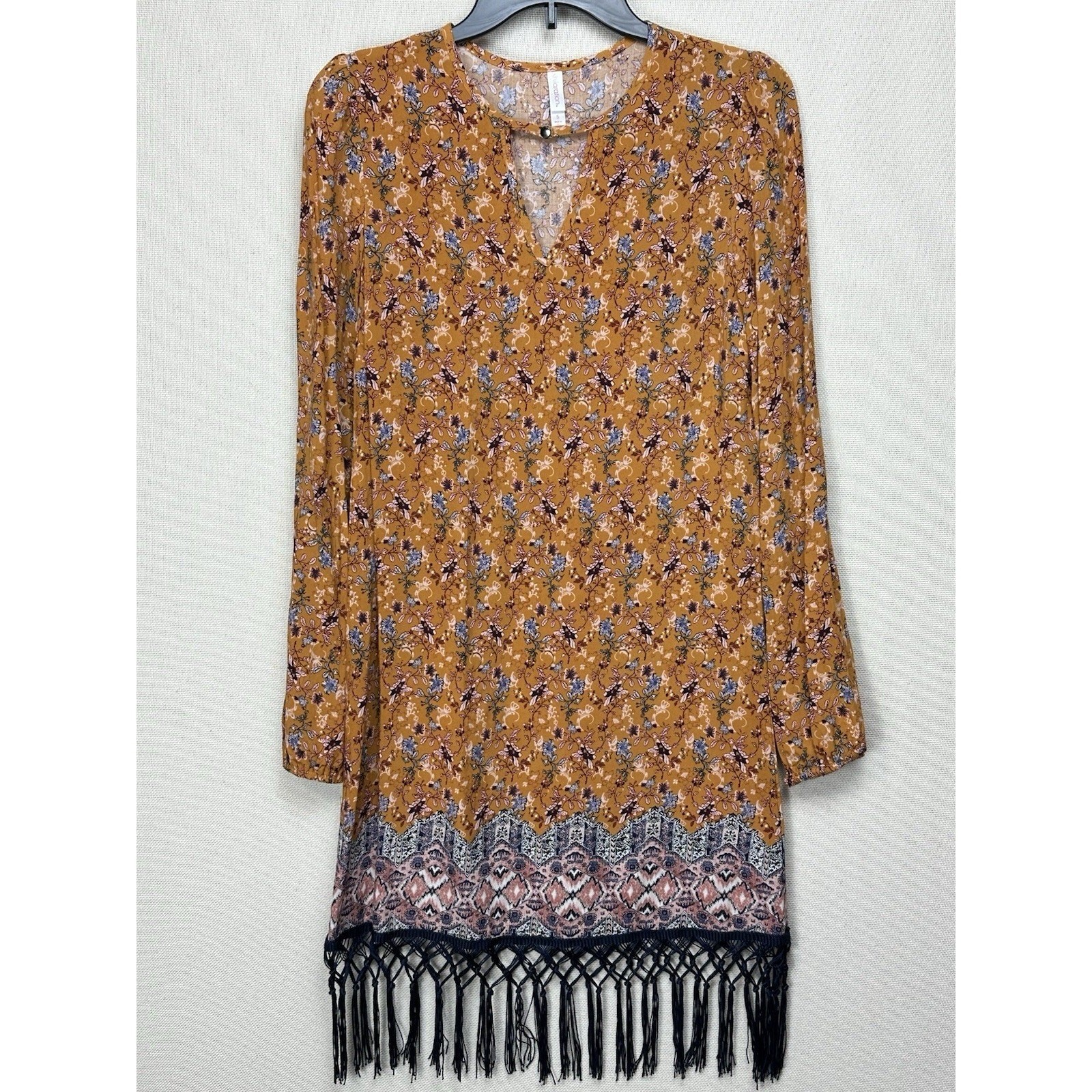 Xhilaration Rust Floral Fringe Hem Small Casual Shift Dress Knee length Boho