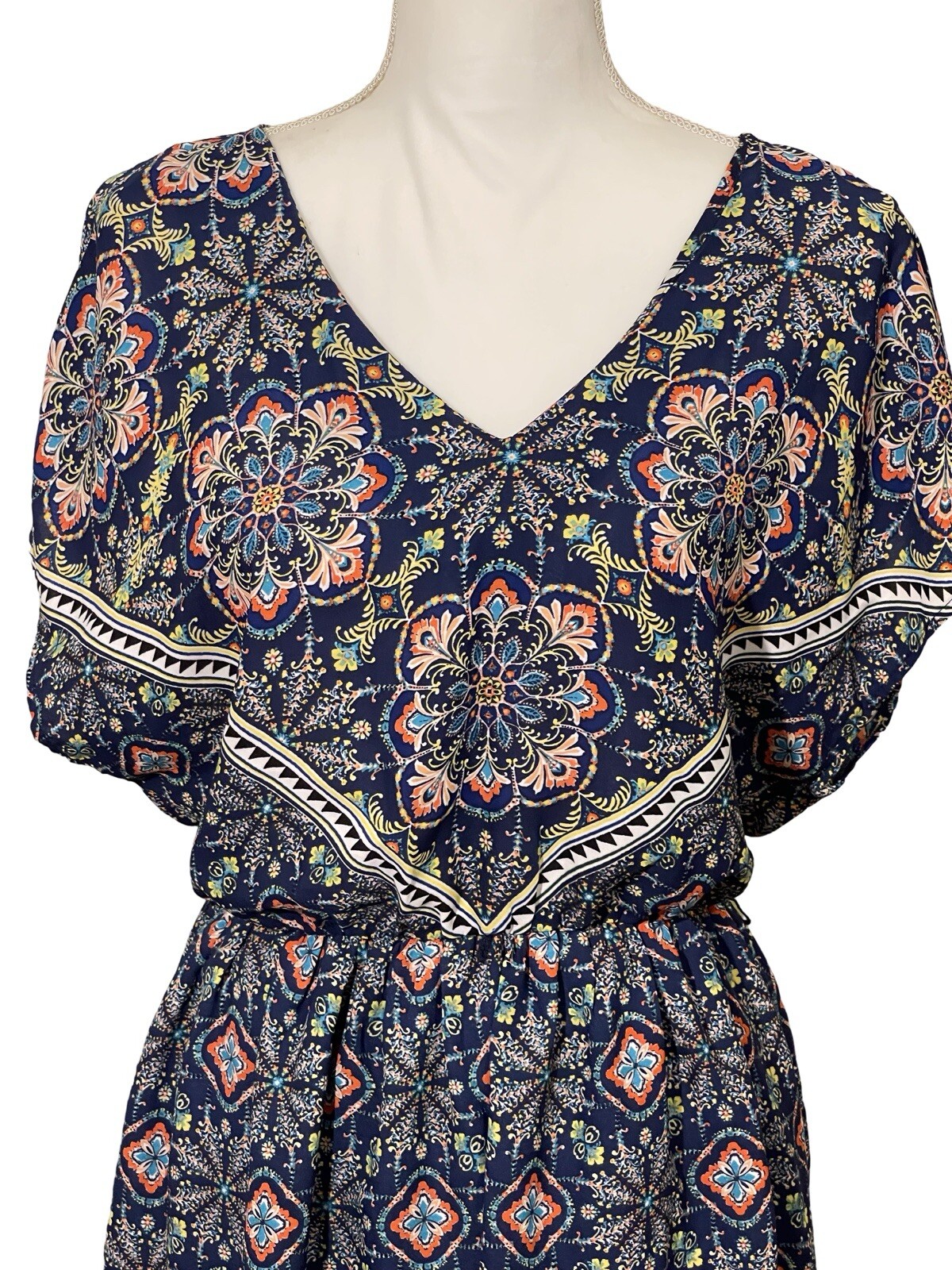 RED CAMEL Multicolor V Neck Short Sleeve Elastic Waist Lined Dress Womens Size L