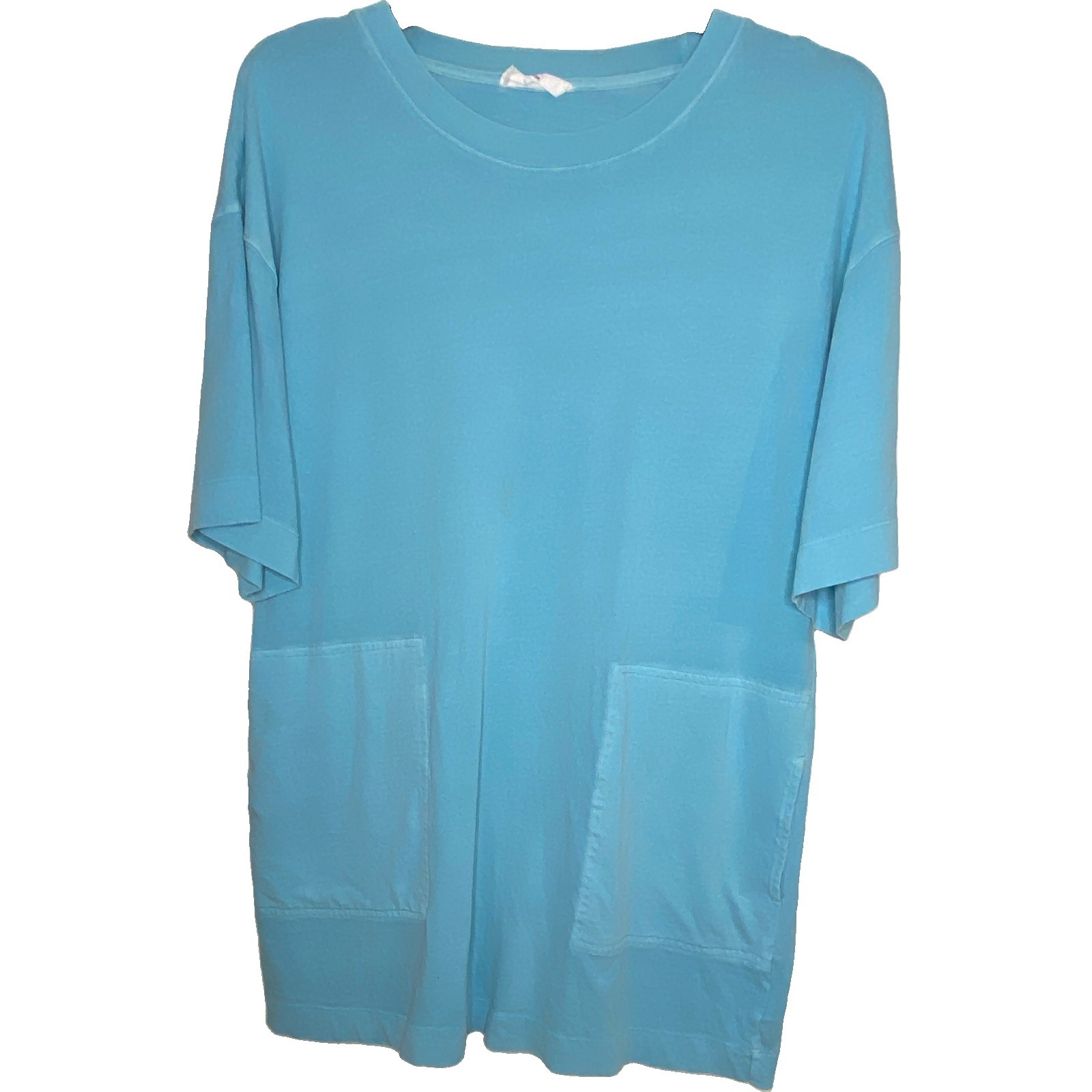 Double Zero Women’s Tunic T-Dress Crew Neck Short Sleeve Blue Solid Pockets S/M