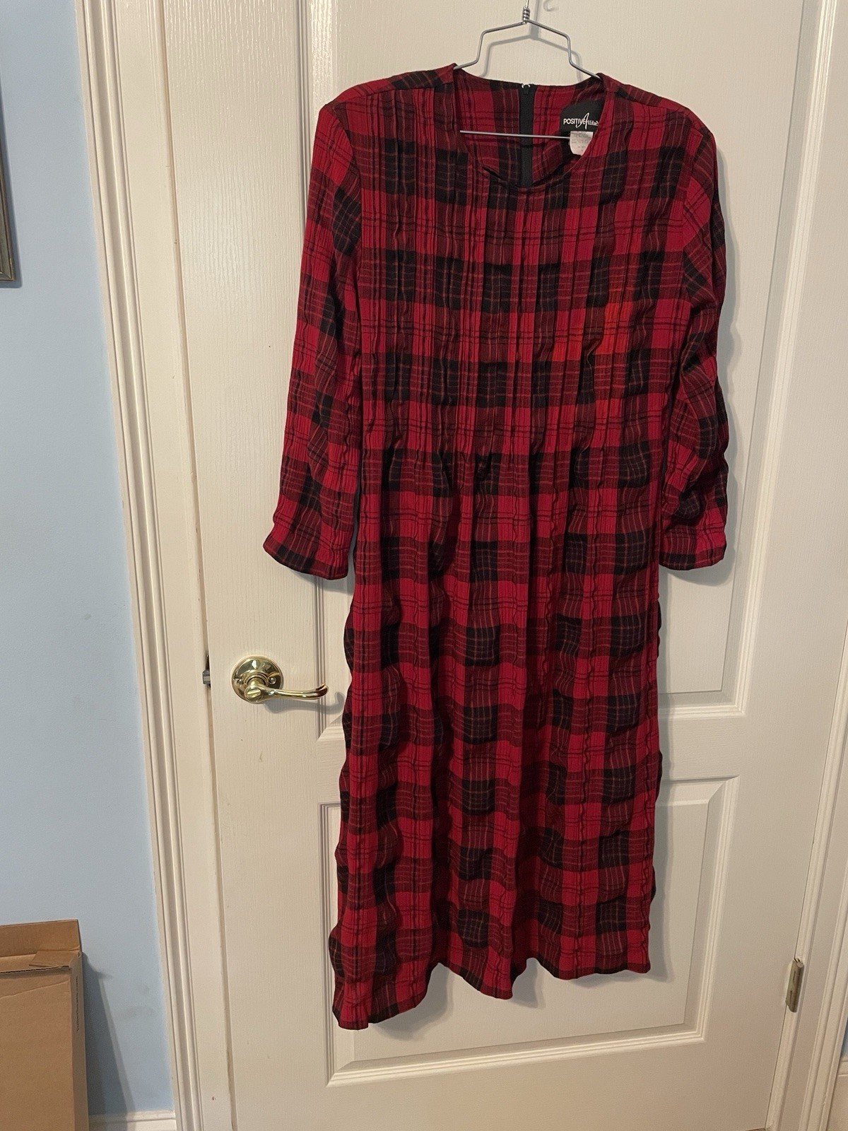 Red And Black Vintage Positive Attitude Dress Sz 14 Midi Plaid Zip And Tie Back