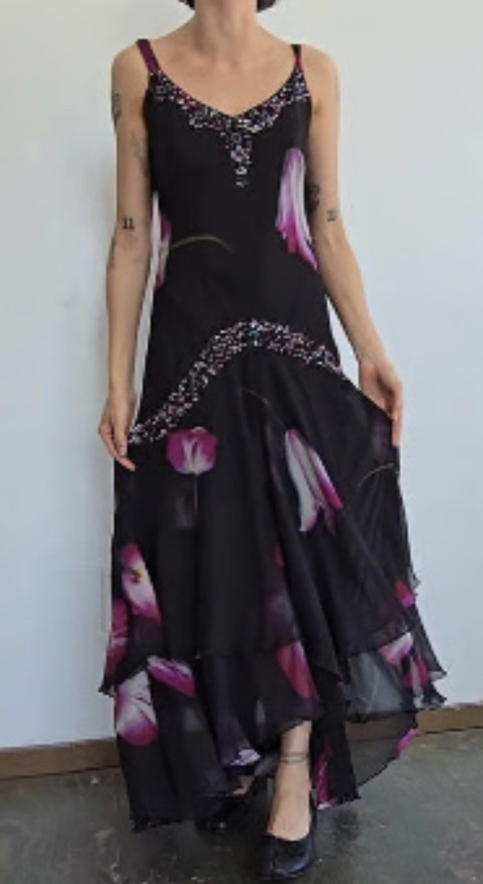 Midnight Velvet XL 16-18 Black Floral Flowy Bias Cut Dress WhimsiGoth Fairy Y2K
