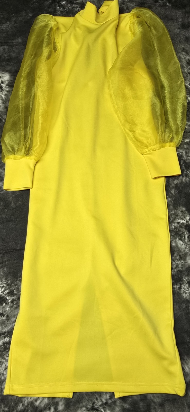 Women’s Yellow Midi Dress Large Sheer Puff Sleeve Mock Neck Back Slit Party