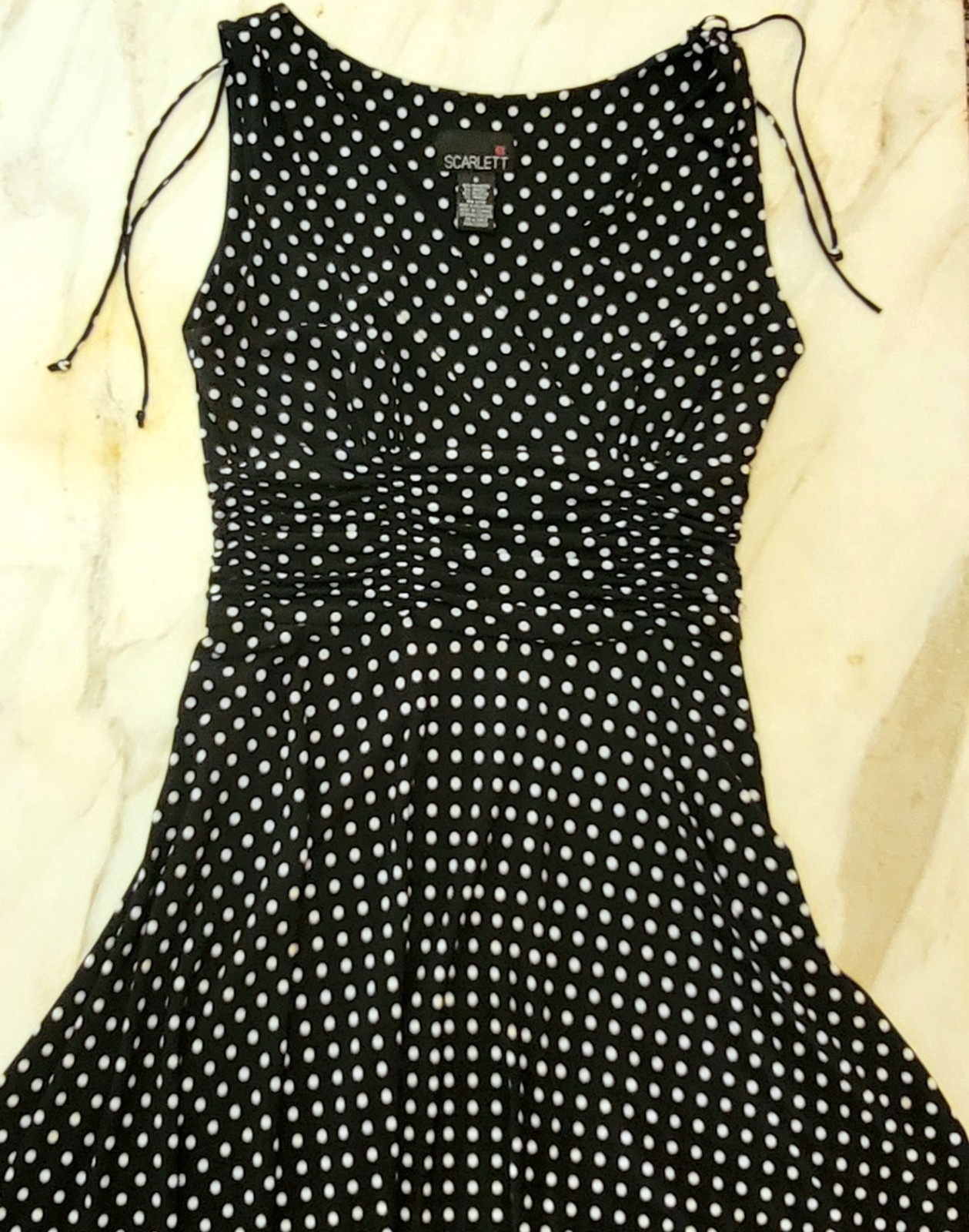 Scarlett Black White Polka Dot Swing Dress ~ Pin Up Rockabilly Ruched Waist Tie