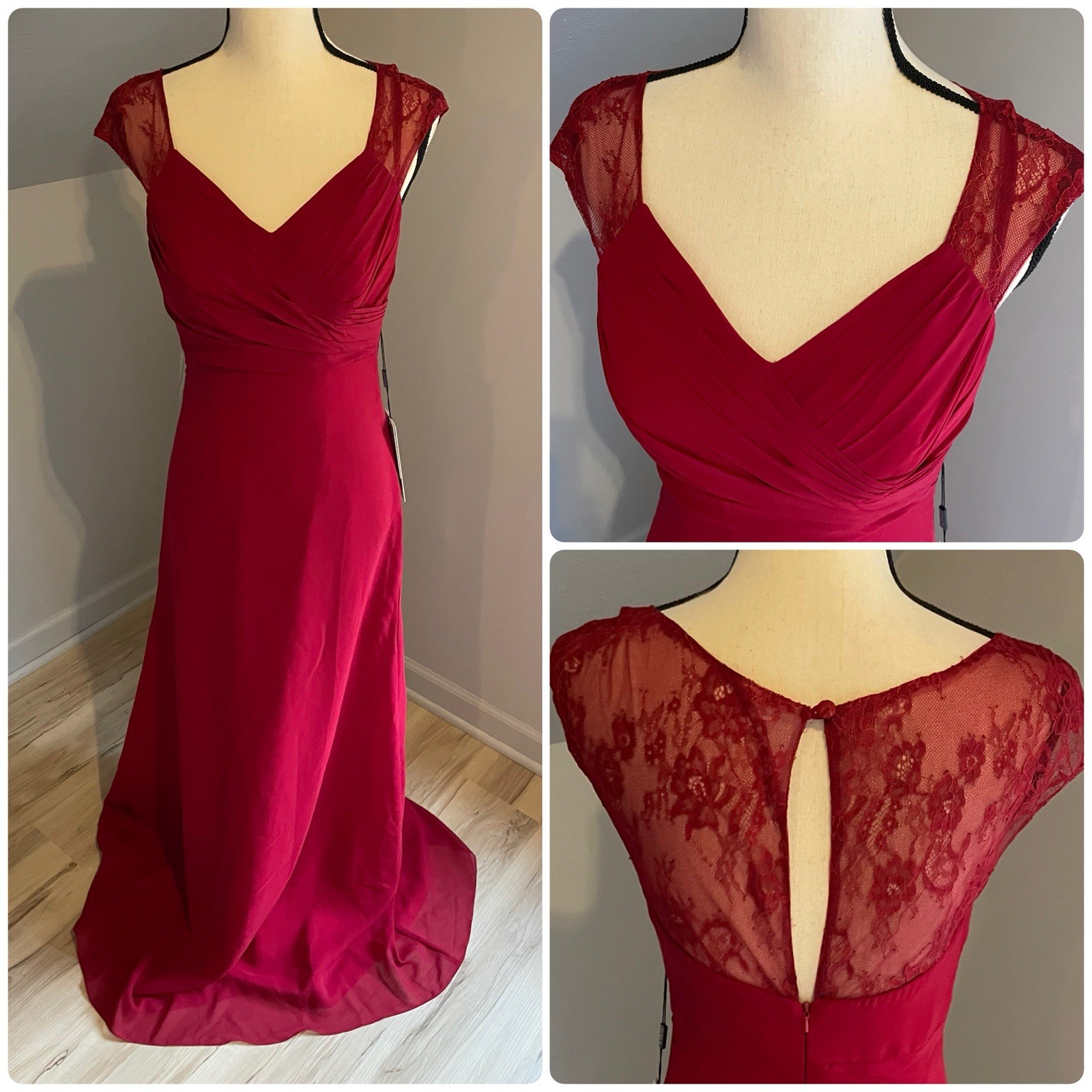 JJs House A Line Chiffon Gown US 6 EU 36 Pleated Top Lace Detail Burgundy