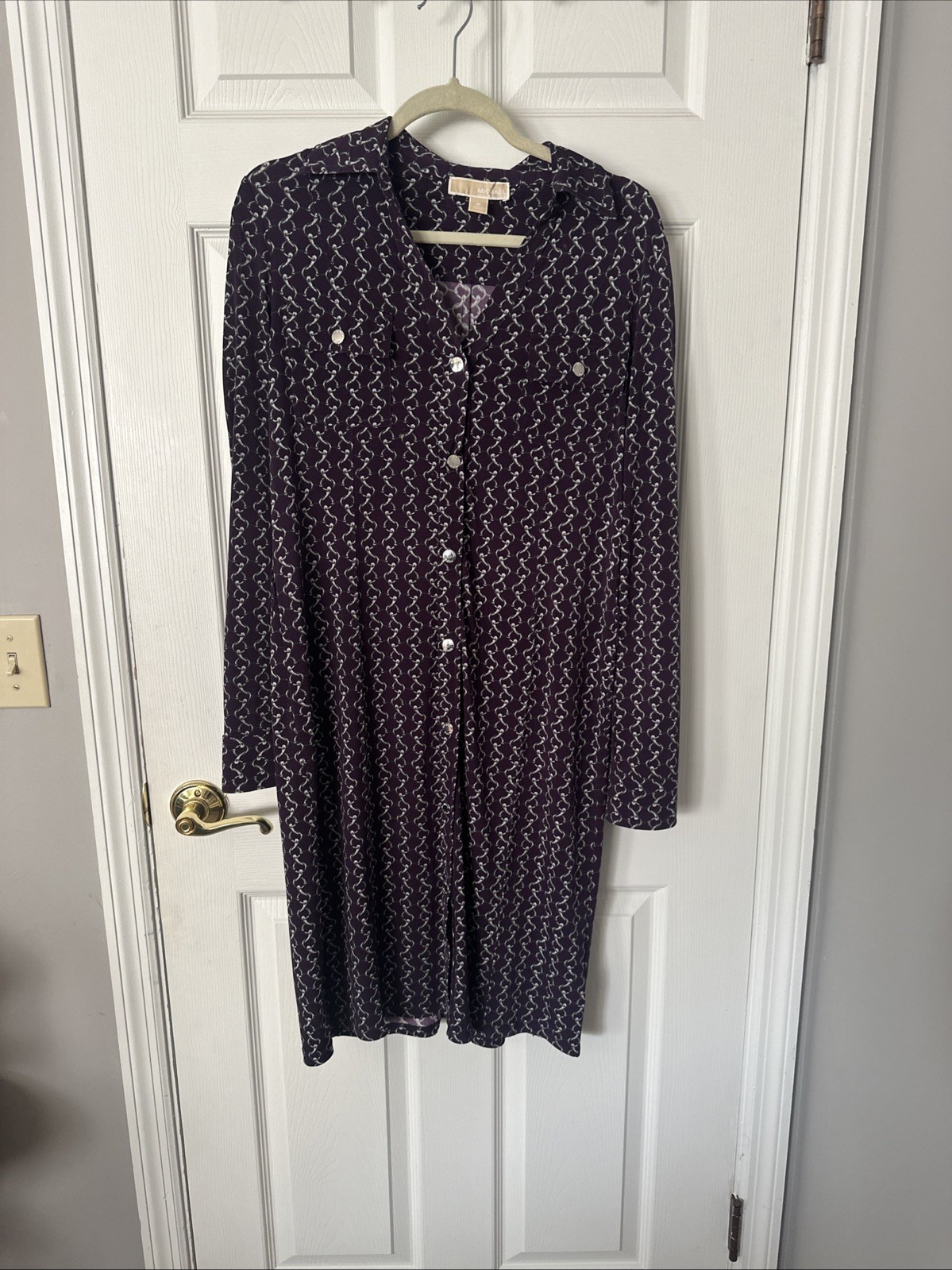 Michael Kors Women’s Midi Collard Dress Silver Chain Print Purple Long Sleeve-M