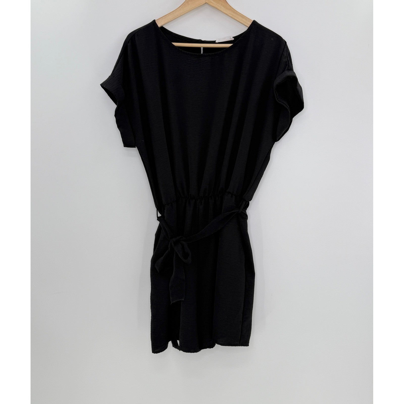 First Love by Lovelyn Black Dress Short Sleeve Tie Waist Pockets