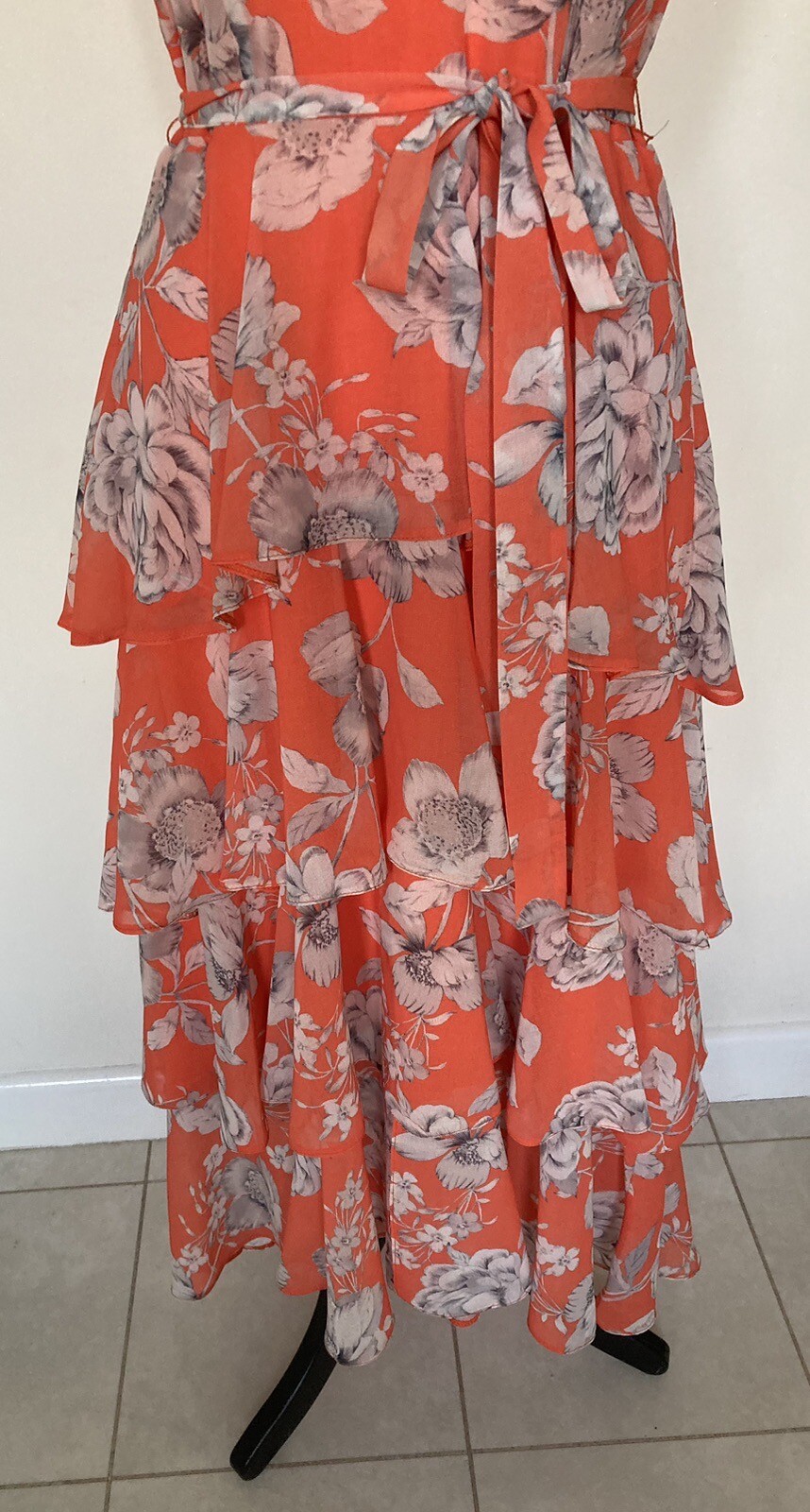 ROMAN ~ Orange Floral Short Floaty Sleeve Ruffle Layered Dress Sz 10