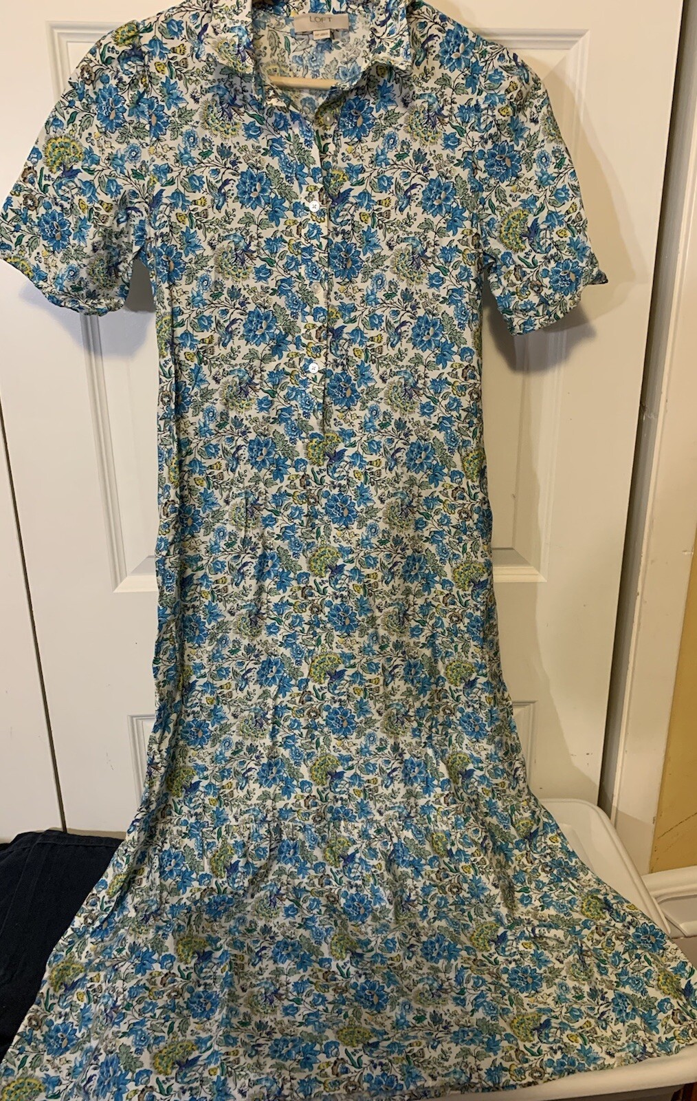 Loft Blue Green Yellow Floral Button Front Dress Sz XSP Petite Belt Dress