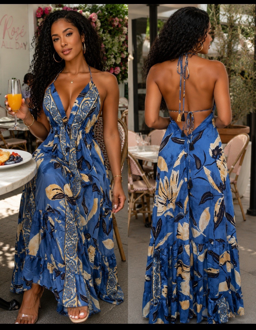 Women’s One Size Blue/Beige Floral Backless V-Neck Halter Maxi Dress Chiffon