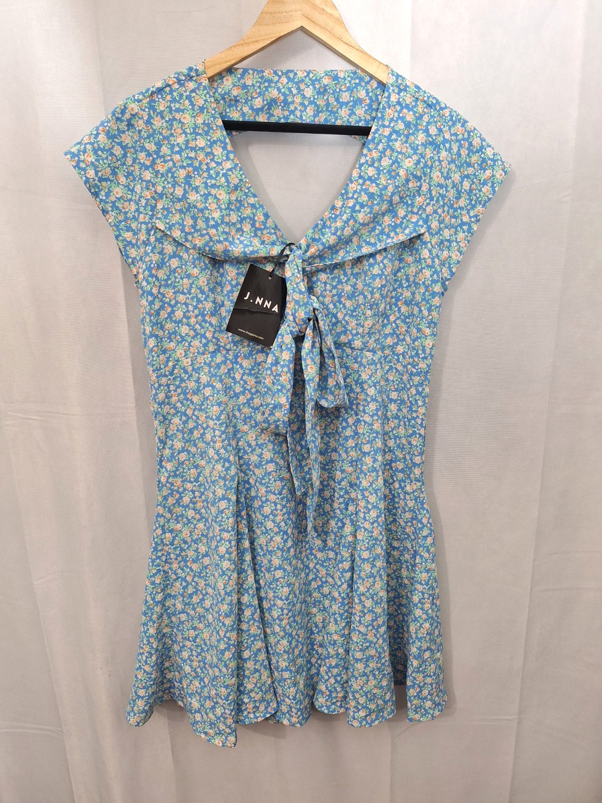 J. NNA Floral Mini Dress Sz Large Cap Sleeve Tie Front Fairy Festival Cottage