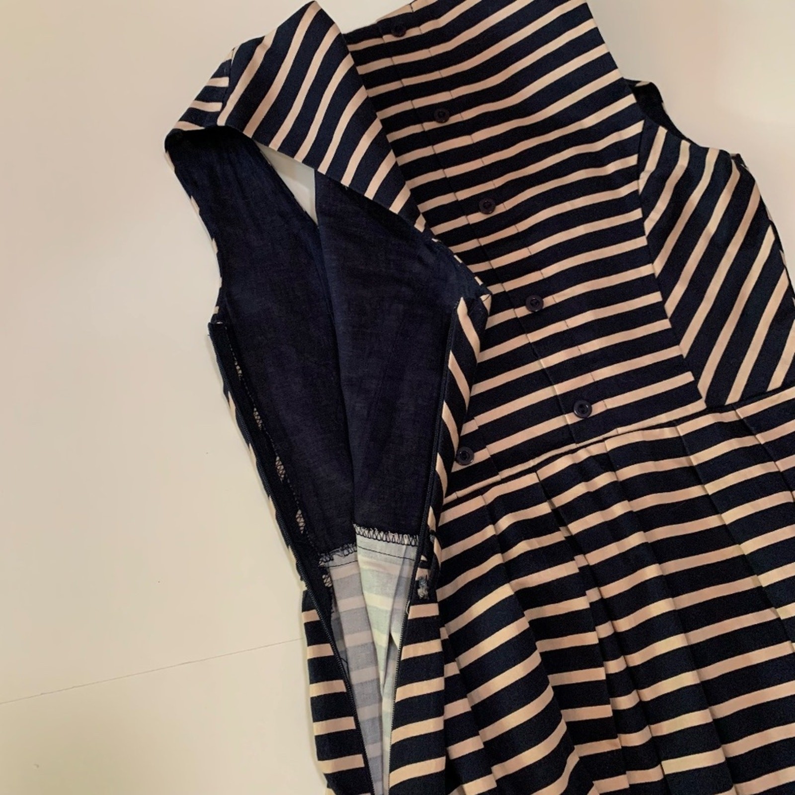 Monteau Chevron Striped Sleeveless Dress L Nautical Structured Preppy Navy Beige