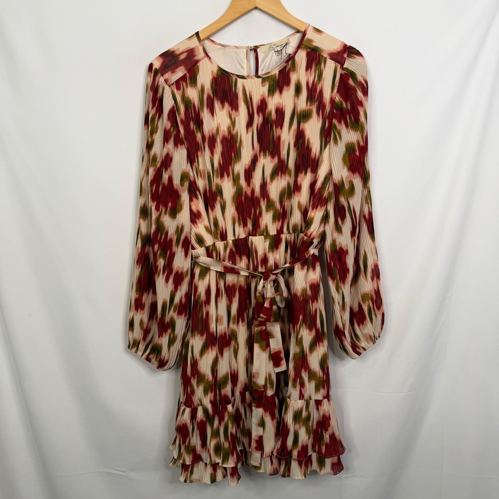 Les Serein Sofia Red Abstract Plisse Long Sleeve Mini Dress Large NWT