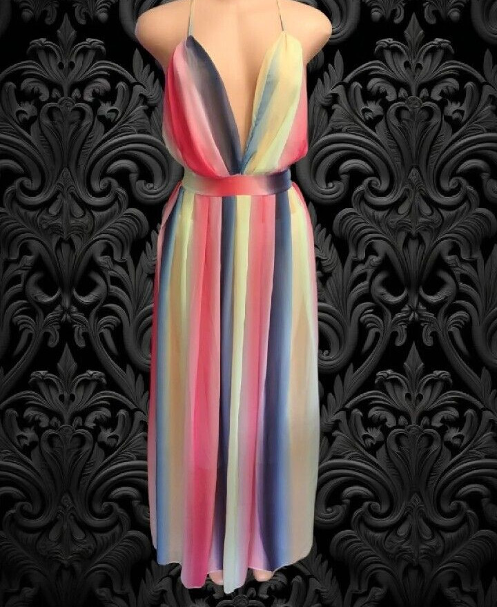 Sexy Flowing Maxi SunDress Halter Back Long Casual Boho Beach Cocktail Dress L