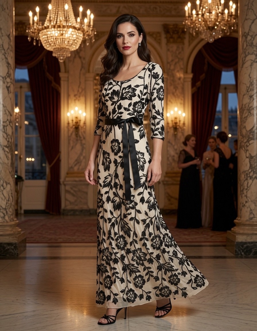R & M Richards 2-Tone Trellis Floral Embroidered Sequin Scoop Neck Gown Sz. 4P