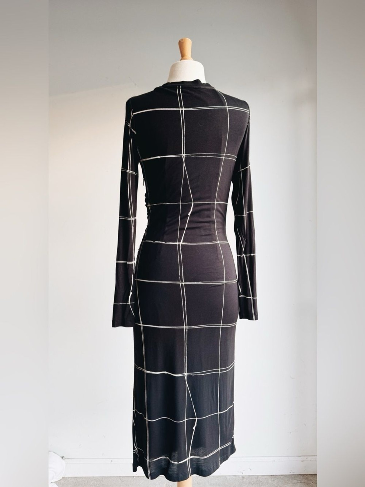 HUGO BOSS Esetta Windowpane Ruched Midi Dress | Black & White Stretch Knit | S