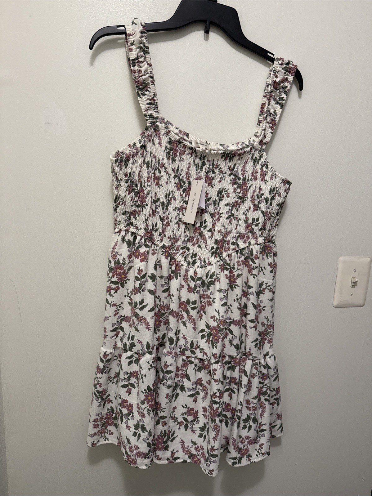 No Comment Junior Size L Cross Hatch Strap Smocked Bodice SunDress Crocus Flower