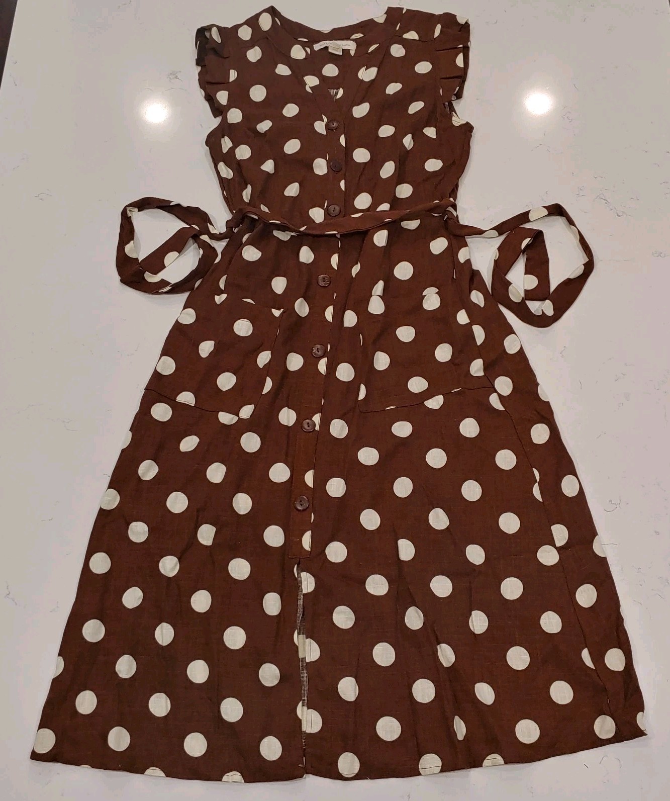 Monteau Los Angeles Brown White Polka Dot Ruffle Sleeve Retro Midi Dress S EUC