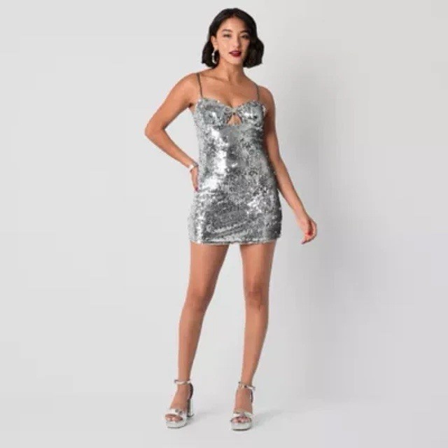 Johnny Wujek Silver Sequin Sheath Mini Dress XS Sweetheart Strappy Party