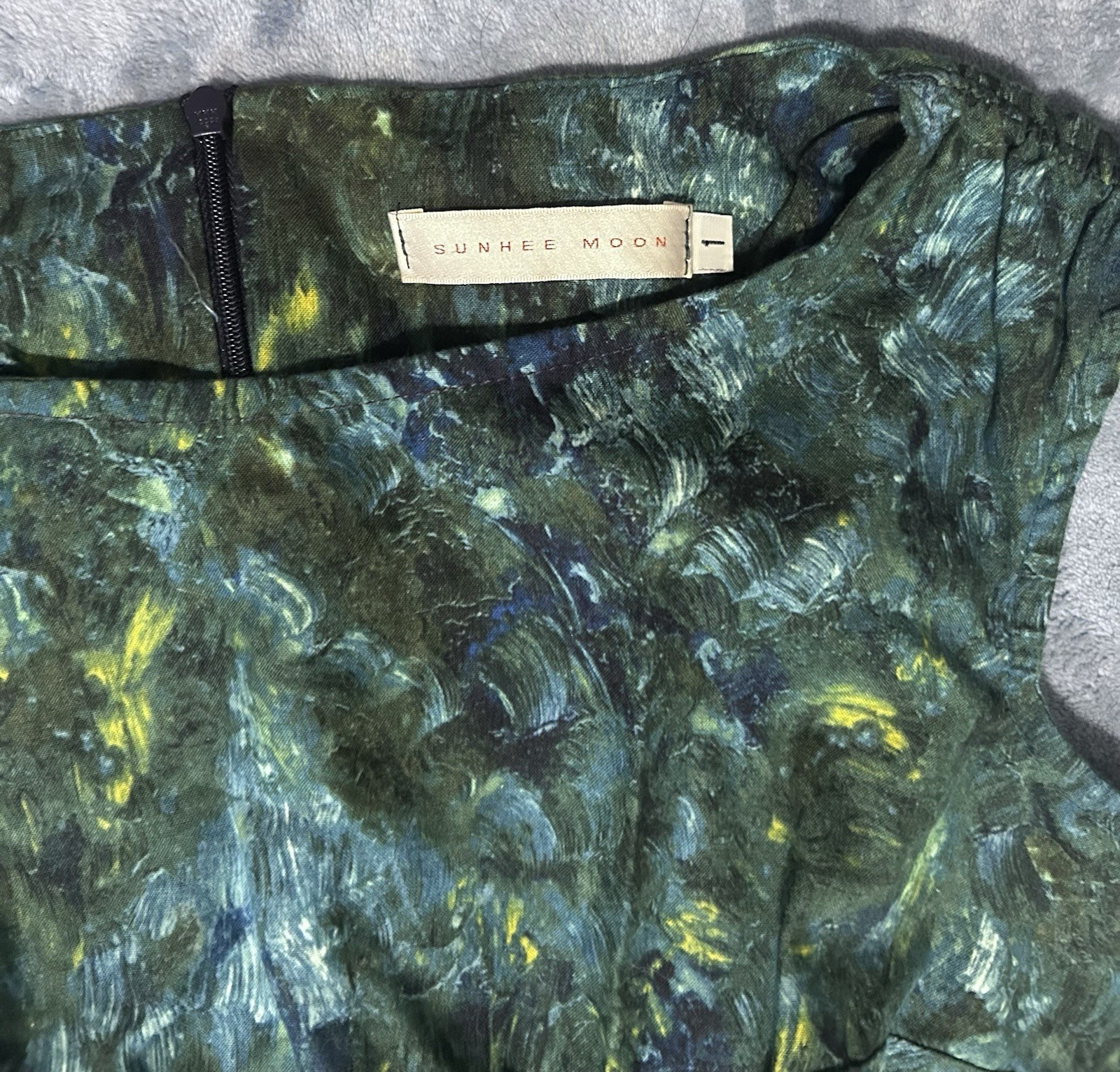 Sunhee Moon Blue Green Yellow Abstract Sheath Dress Sleeveless Round Neck Size L