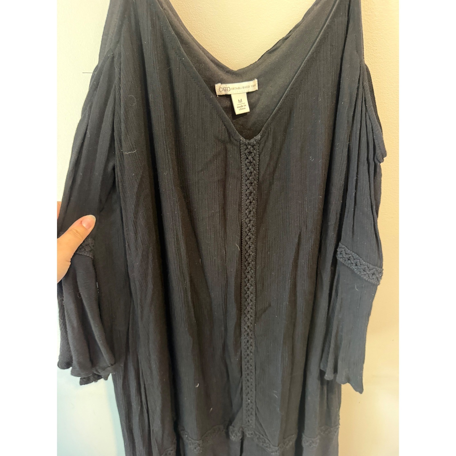 Cato Black Cold Shoulder Mini Dress Crochet Lace Trim Bell Sleeve Boho Medium