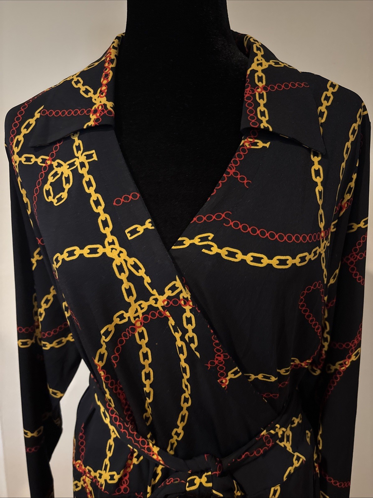 Ashro Black Red Gold Chains Wrap Style Dress Long Sleeve Plus Size 20W Casual