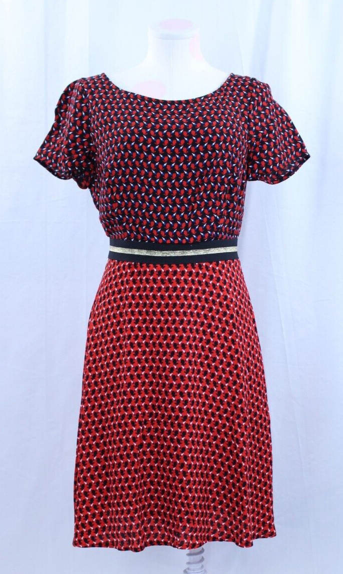 Maeve Anthropologie Dress Rabbit Faux Belt Red Black Gold Blue Short Sleeve Sz 4
