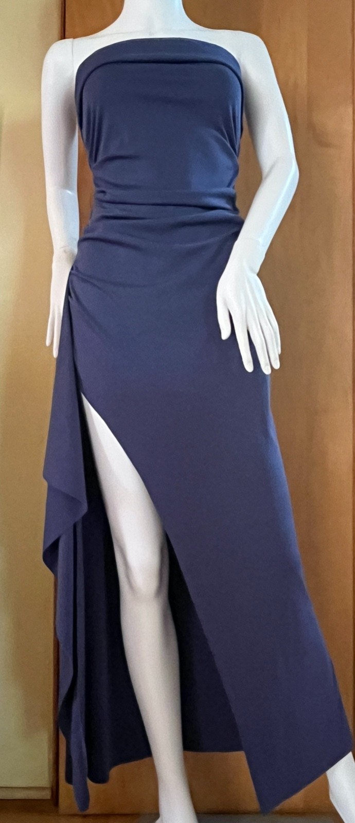 WOMEN’S NAVY BLUE RUCHED SIDE SLIT STRETCHY STRAPLESS LONG MAXI DRESS – M